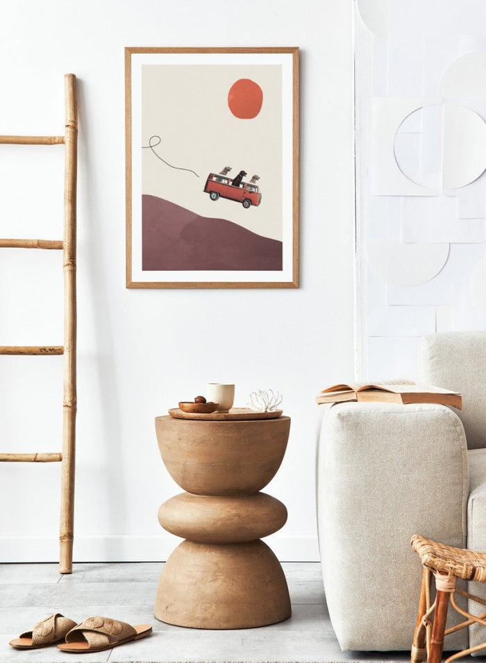 Adventure Gang by Maarten Léon is a minimalist collage art print featuring dogs on a road trip. Premium fine art print with real wood framing.