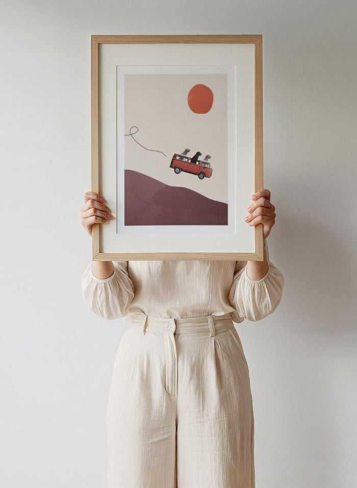 Adventure Gang by Maarten Léon is a minimalist collage art print featuring dogs on a road trip. Premium fine art print with real wood framing.