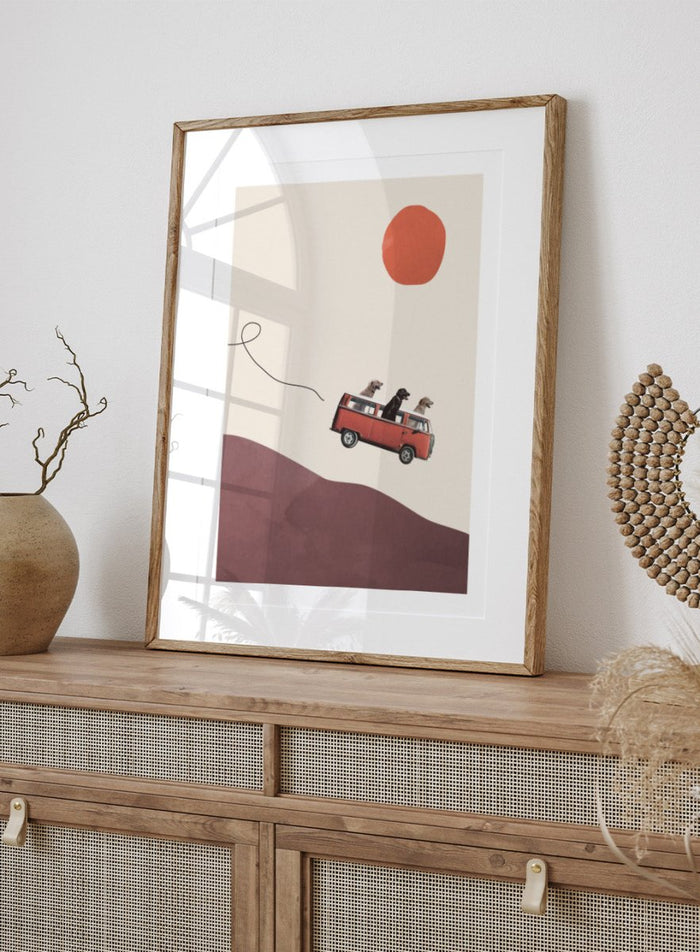 Adventure Gang by Maarten Léon is a minimalist collage art print featuring dogs on a road trip. Premium fine art print with real wood framing.