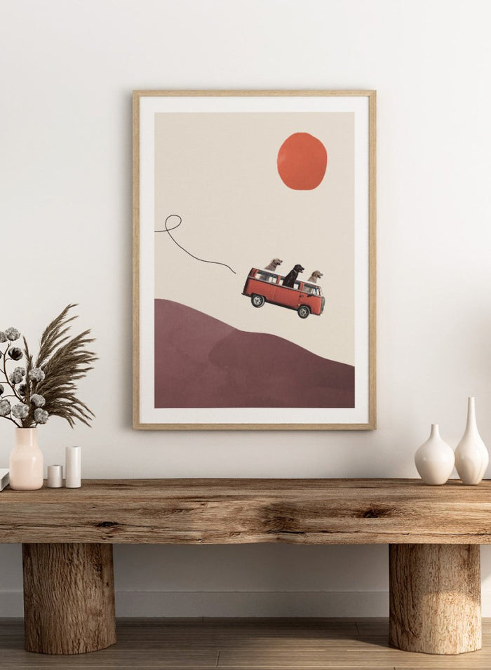 Adventure Gang by Maarten Léon is a minimalist collage art print featuring dogs on a road trip. Premium fine art print with real wood framing.
