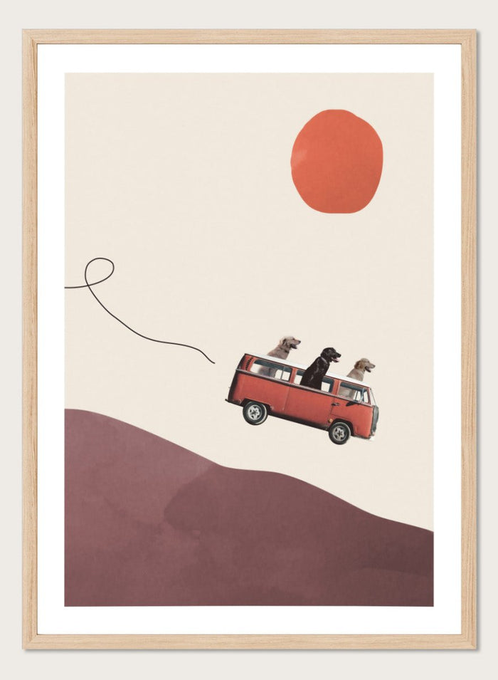 Adventure Gang by Maarten Léon is a minimalist collage art print featuring dogs on a road trip. Premium fine art print with real wood framing.