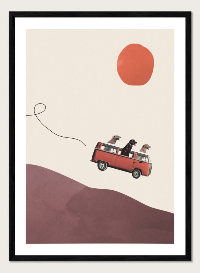 Adventure Gang by Maarten Léon is a minimalist collage art print featuring dogs on a road trip. Premium fine art print with real wood framing.