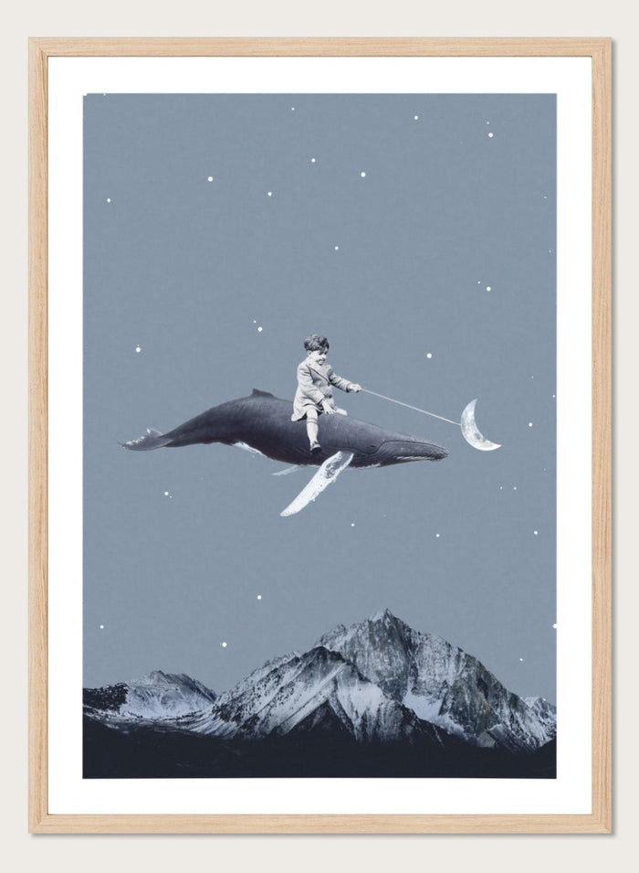 Aim for the Moon by Maarten Léon is a surreal collage art print featuring a boy riding a whale in a starry sky with mountains and moon imagery.