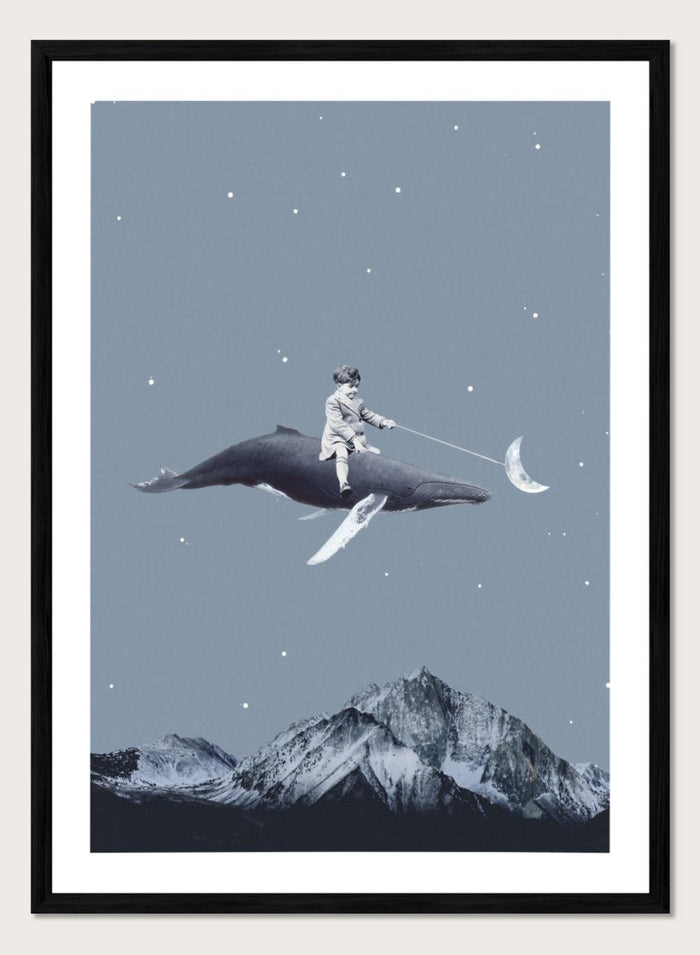 Aim for the Moon by Maarten Léon is a surreal collage art print featuring a boy riding a whale in a starry sky with mountains and moon imagery.