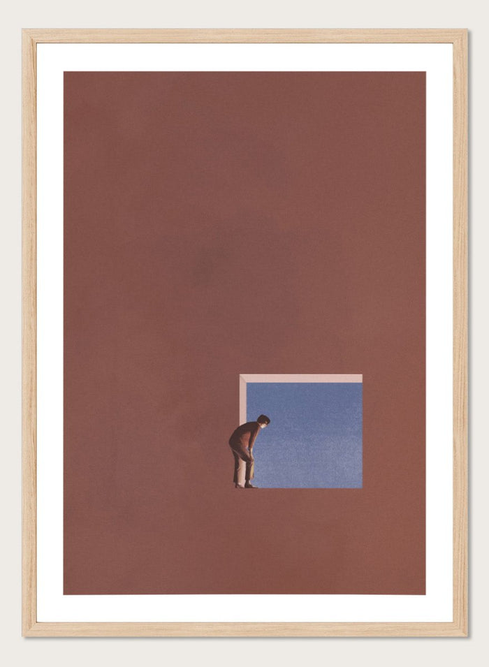 Curiosity by Maarten Léon is a minimalist collage art print showing a figure peering into a blue opening, exploring themes of curiosity and quiet discovery.
