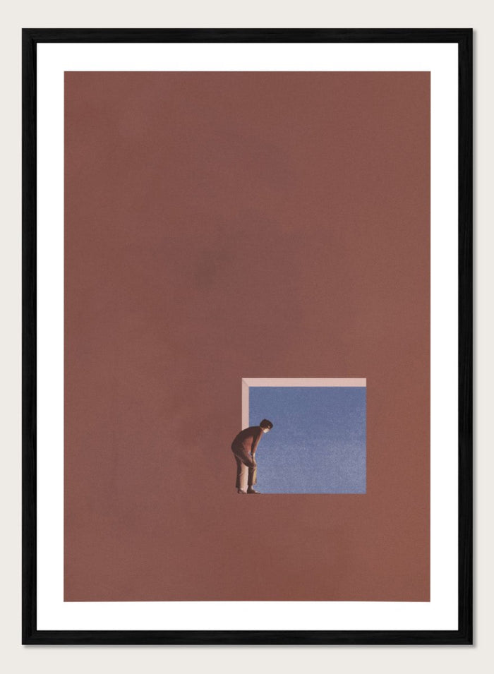 Curiosity by Maarten Léon is a minimalist collage art print showing a figure peering into a blue opening, exploring themes of curiosity and quiet discovery.