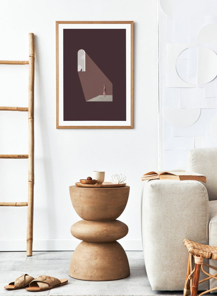 Enlighten Me by Maarten Léon collage art print featuring a woman beneath a window with light and a bird. Premium fine art print with real wood framing.