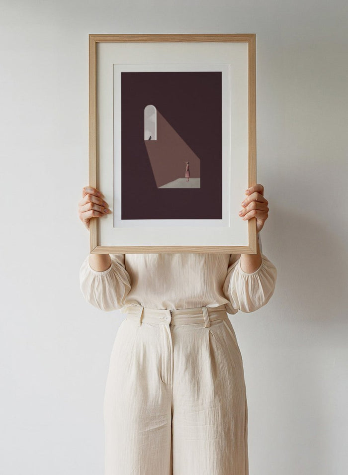 Enlighten Me by Maarten Léon collage art print featuring a woman beneath a window with light and a bird. Premium fine art print with real wood framing.