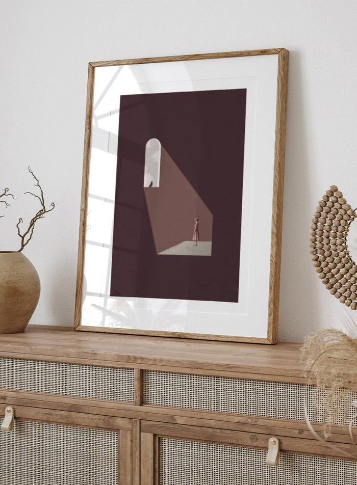 Enlighten Me by Maarten Léon collage art print featuring a woman beneath a window with light and a bird. Premium fine art print with real wood framing.