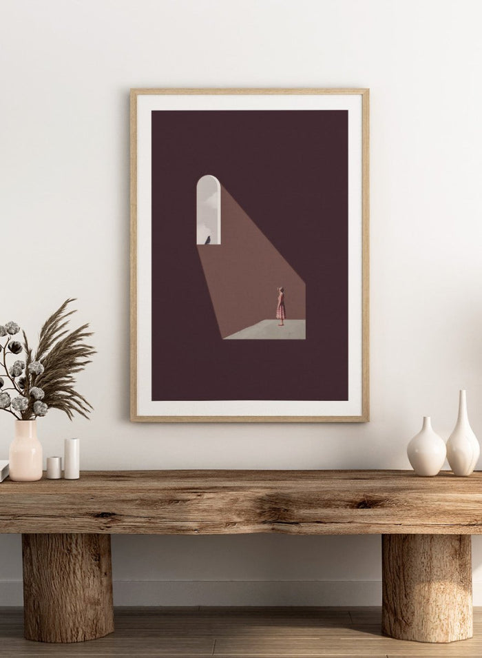 Enlighten Me by Maarten Léon collage art print featuring a woman beneath a window with light and a bird. Premium fine art print with real wood framing.