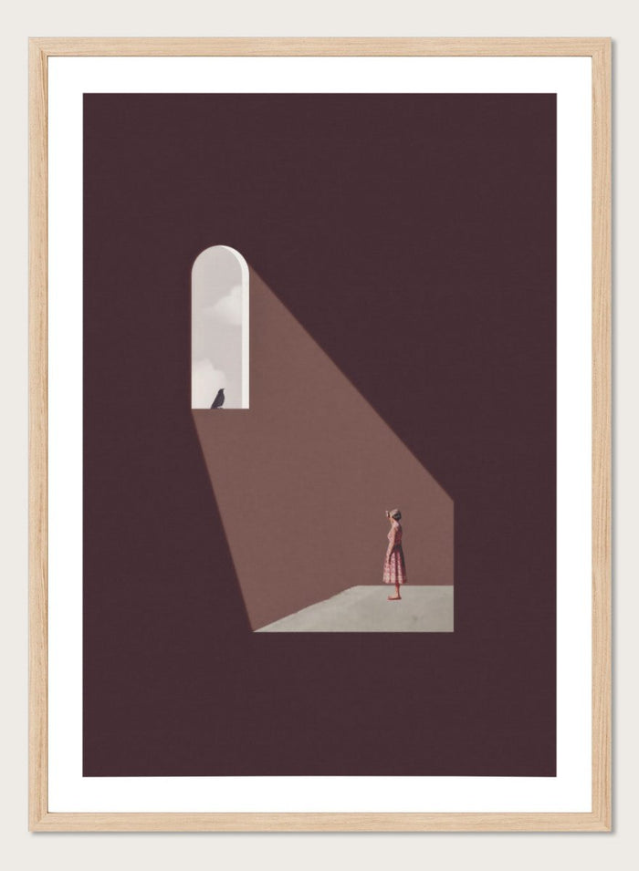 Enlighten Me by Maarten Léon collage art print featuring a woman beneath a window with light and a bird. Premium fine art print with real wood framing.