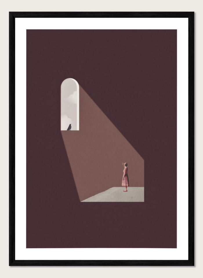 Enlighten Me by Maarten Léon collage art print featuring a woman beneath a window with light and a bird. Premium fine art print with real wood framing.
