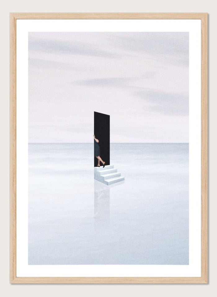 Curiosity by Maarten Léon is a minimalist collage art print showing a figure peering into a blue opening. Premium fine art print with real wood framing.