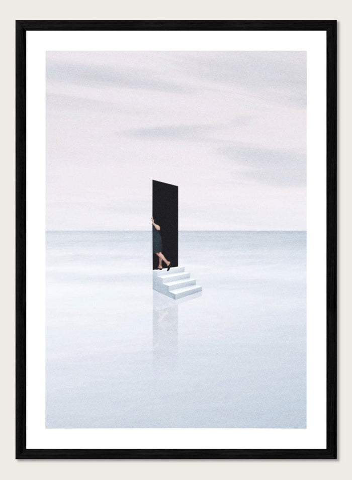 Curiosity by Maarten Léon is a minimalist collage art print showing a figure peering into a blue opening. Premium fine art print with real wood framing.