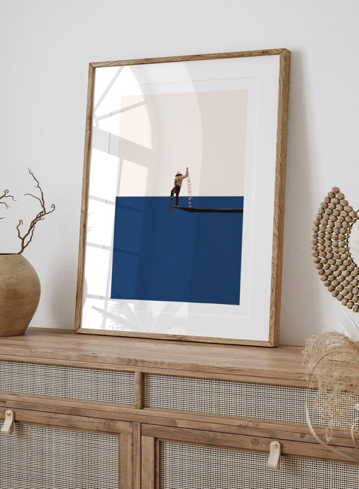 Fishing for Compliments by Maarten Léon is a minimalist collage art print featuring a fisherman at sea. Premium fine art print with real wood frame options.