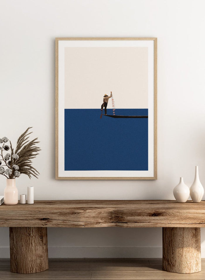Fishing for Compliments by Maarten Léon is a minimalist collage art print featuring a fisherman at sea. Premium fine art print with real wood frame options.