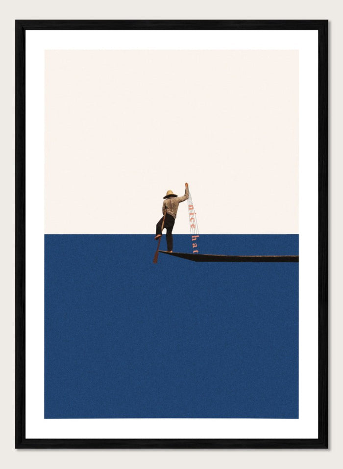 Fishing for Compliments by Maarten Léon is a minimalist collage art print featuring a fisherman at sea. Premium fine art print with real wood frame options.