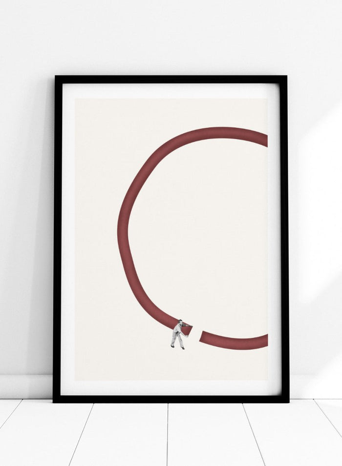 Let’s Reconnect by Maarten Léon is a minimalist collage art print showing a man repairing a broken graphic circle. Premium fine art print with real wood framing.