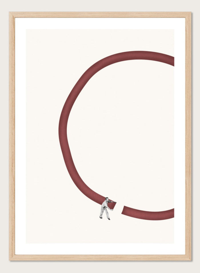 Let’s Reconnect by Maarten Léon is a minimalist collage art print showing a man repairing a broken graphic circle. Premium fine art print with real wood framing.