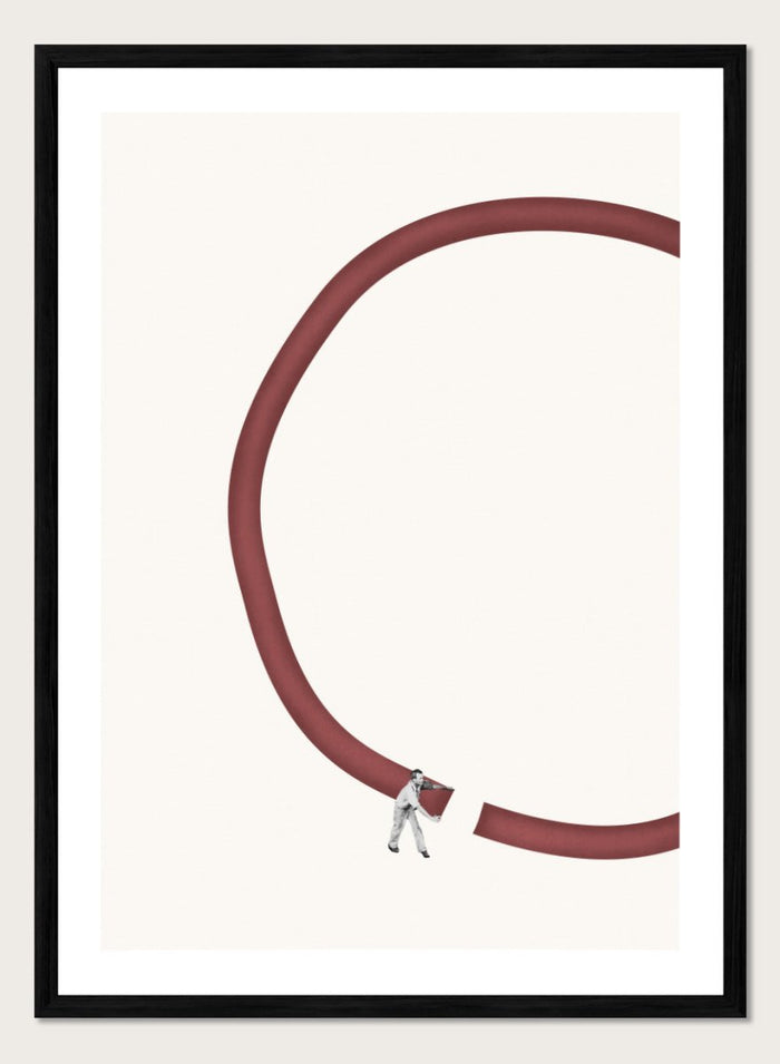 Let’s Reconnect by Maarten Léon is a minimalist collage art print showing a man repairing a broken graphic circle. Premium fine art print with real wood framing.