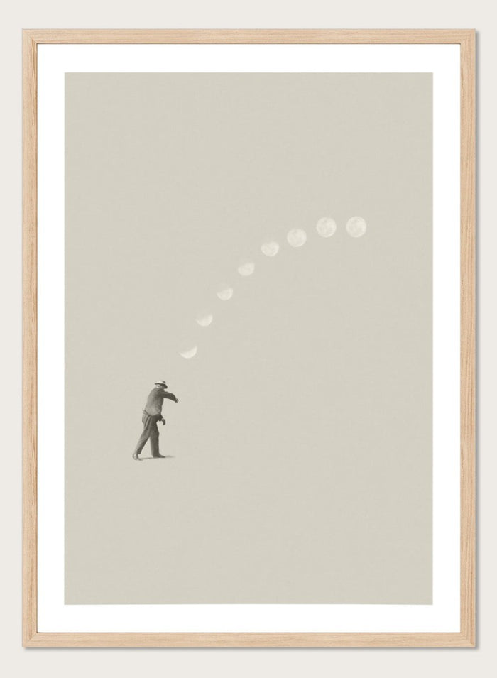 Man throwing the moon across the sky in Lucky Shot by Maarten Léon. Surreal collage wall art, minimalist contemporary poster, premium fine art with real wood frame.