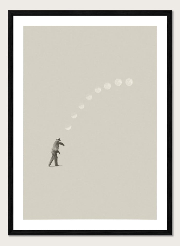 Man throwing the moon across the sky in Lucky Shot by Maarten Léon. Surreal collage wall art, minimalist contemporary poster, premium fine art with real wood frame.
