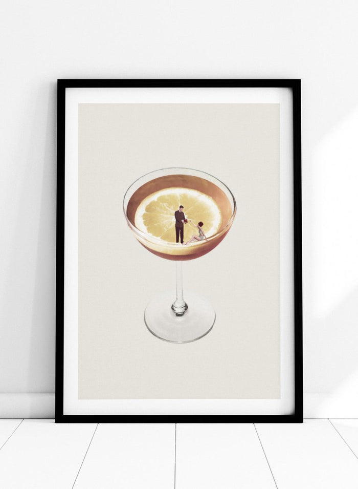 My Drink Needs a Drink by Maarten Léon is a minimalist collage art print featuring a lemon cocktail scene with vintage figures and playful surreal detail.