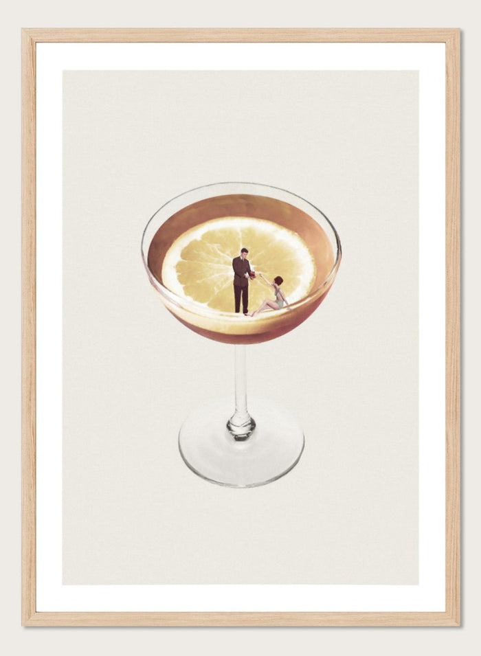 My Drink Needs a Drink by Maarten Léon is a minimalist collage art print featuring a lemon cocktail scene with vintage figures and playful surreal detail.