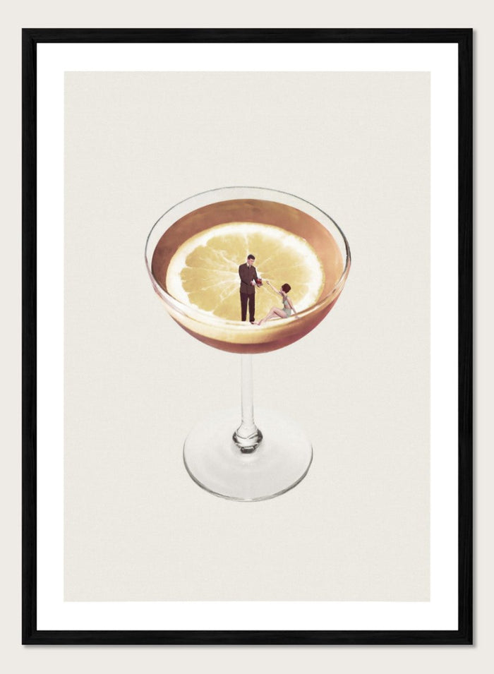 My Drink Needs a Drink by Maarten Léon is a minimalist collage art print featuring a lemon cocktail scene with vintage figures and playful surreal detail.