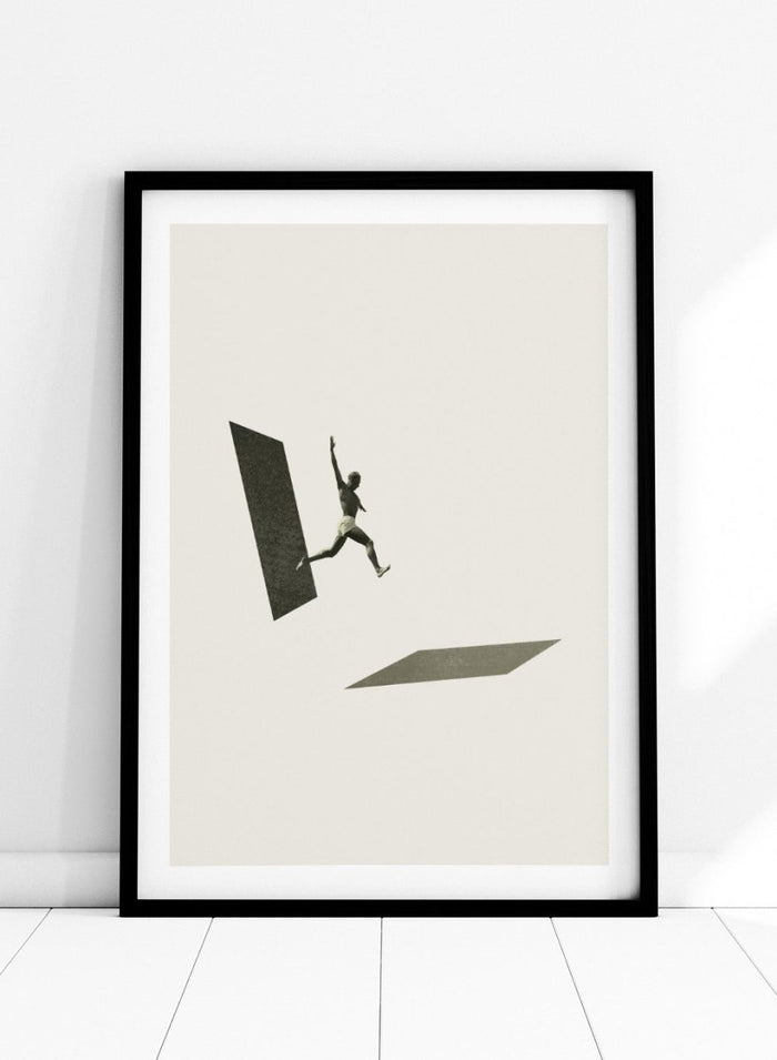 Not the One to Wait by Maarten Léon collage art print showing a figure jumping between platforms. Premium fine art print with real wood framing.