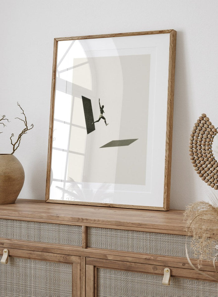 Not the One to Wait by Maarten Léon collage art print showing a figure jumping between platforms. Premium fine art print with real wood framing.