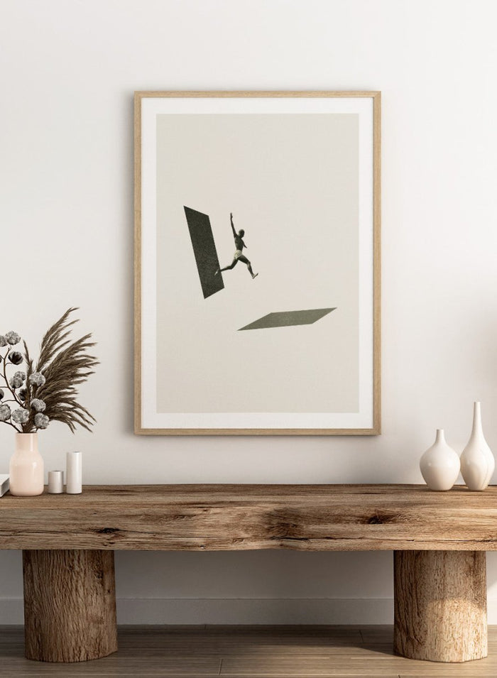 Not the One to Wait by Maarten Léon collage art print showing a figure jumping between platforms. Premium fine art print with real wood framing.
