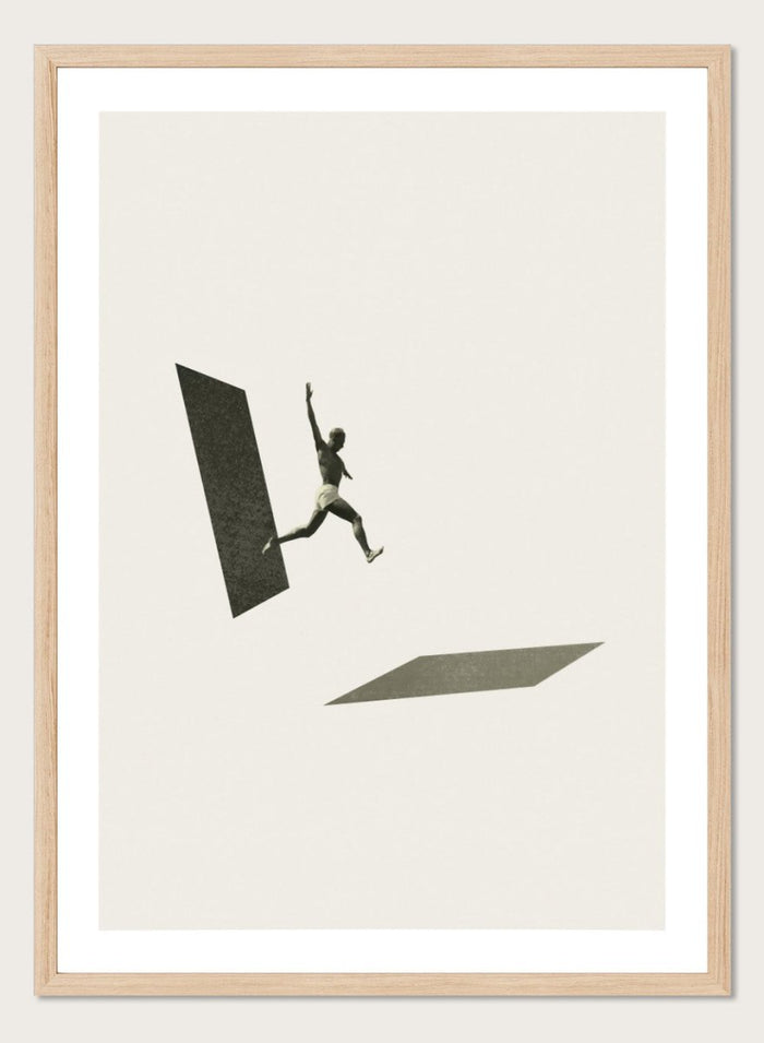 Not the One to Wait by Maarten Léon collage art print showing a figure jumping between platforms. Premium fine art print with real wood framing.