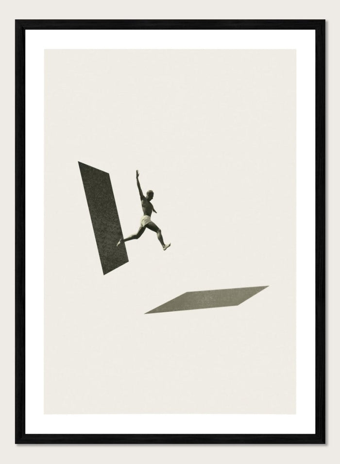 Not the One to Wait by Maarten Léon collage art print showing a figure jumping between platforms. Premium fine art print with real wood framing.
