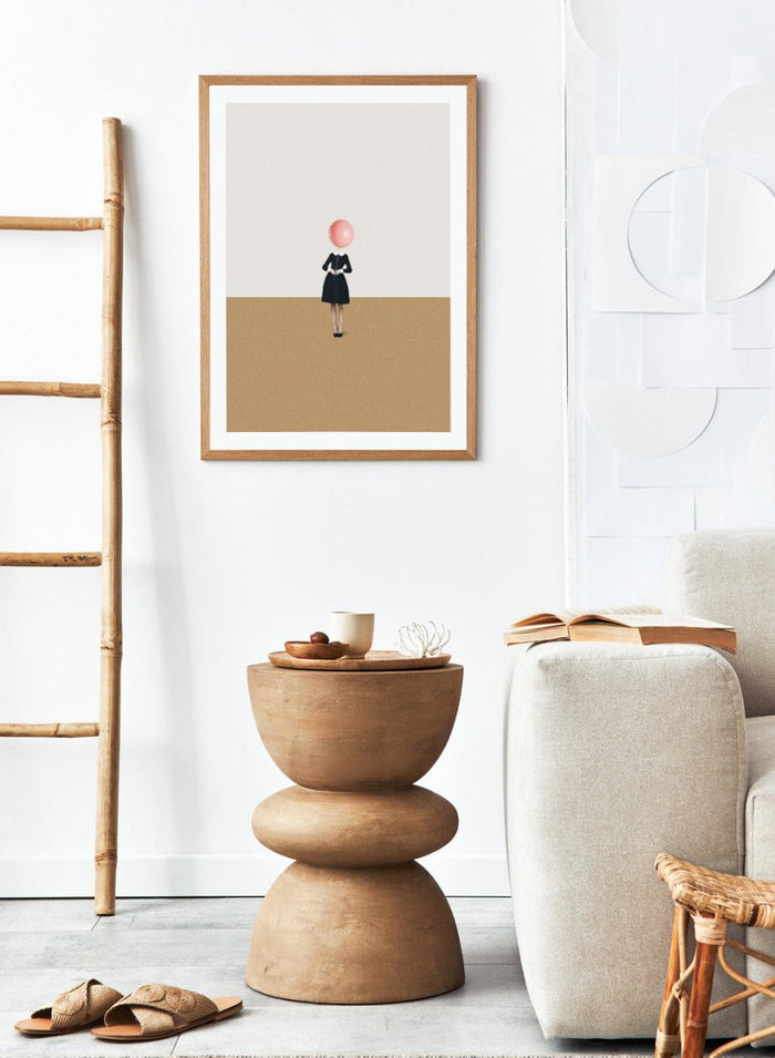 Obvious Imperfections by Maarten Léon is a minimalist collage art print featuring a woman with a balloon head in a clean, surreal composition.