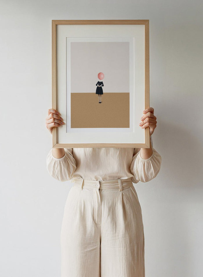 Obvious Imperfections by Maarten Léon is a minimalist collage art print featuring a woman with a balloon head in a clean, surreal composition.