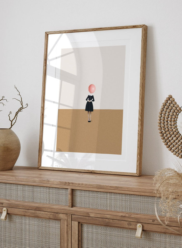 Obvious Imperfections by Maarten Léon is a minimalist collage art print featuring a woman with a balloon head in a clean, surreal composition.
