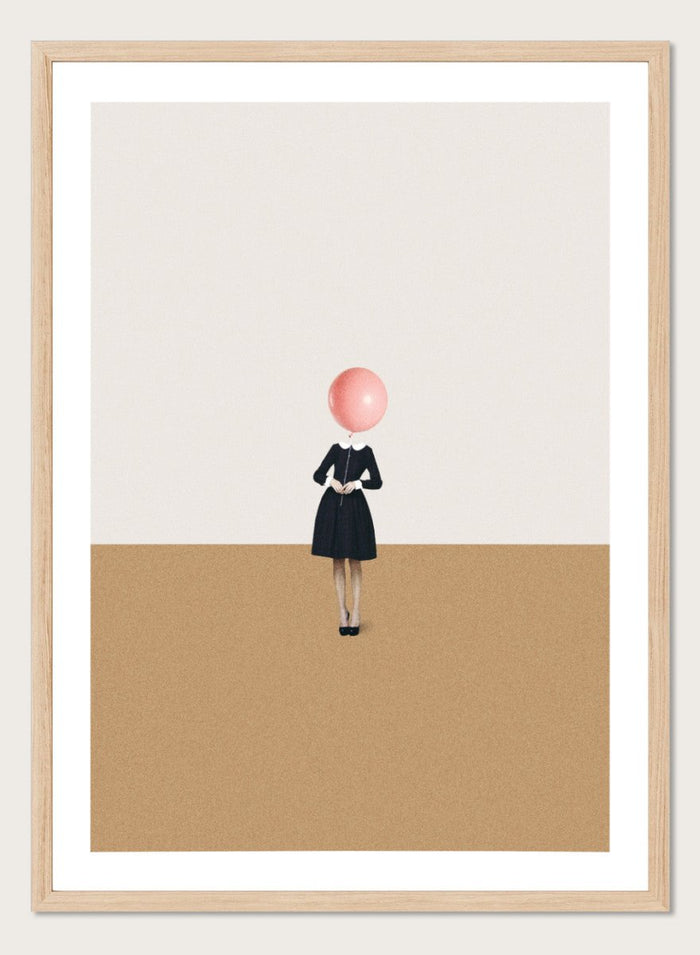 Obvious Imperfections by Maarten Léon is a minimalist collage art print featuring a woman with a balloon head in a clean, surreal composition.