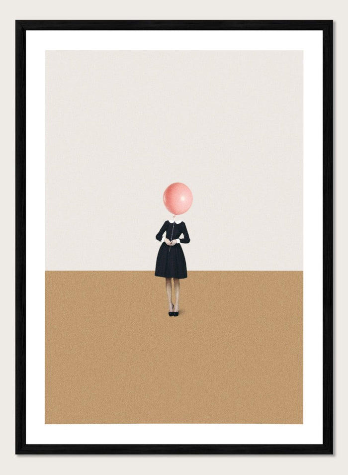 Obvious Imperfections by Maarten Léon is a minimalist collage art print featuring a woman with a balloon head in a clean, surreal composition.