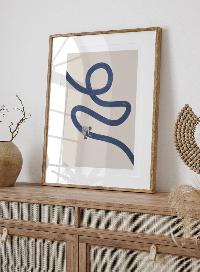 River Cleanse by Maarten Léon collage art print featuring a winding blue river and small figure cleansing the water. Premium fine art print with real wood framing.