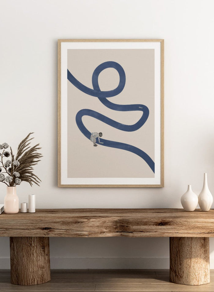 River Cleanse by Maarten Léon collage art print featuring a winding blue river and small figure cleansing the water. Premium fine art print with real wood framing.