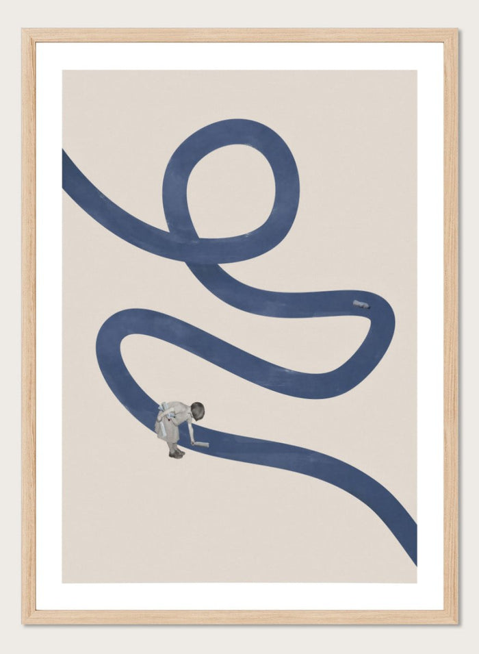 River Cleanse by Maarten Léon collage art print featuring a winding blue river and small figure cleansing the water. Premium fine art print with real wood framing.