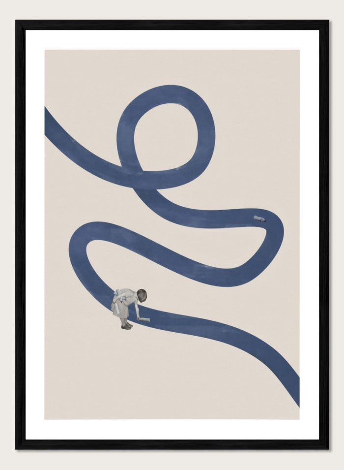 River Cleanse by Maarten Léon collage art print featuring a winding blue river and small figure cleansing the water. Premium fine art print with real wood framing.