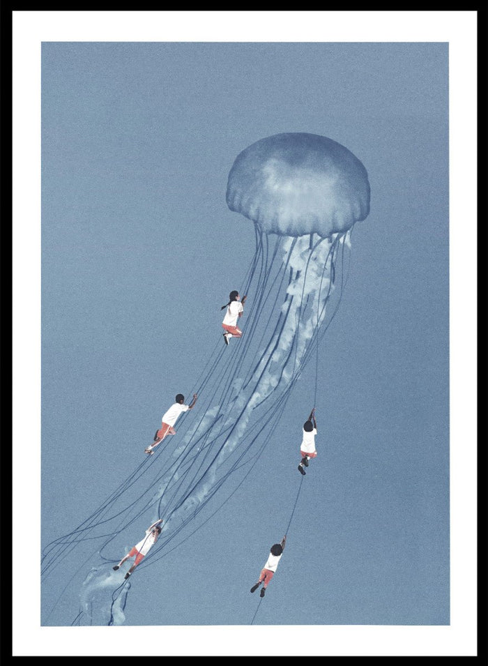 We Came Home Smiling by Maarten Léon is a minimalist collage art print exploring connection, memory, and shared moments. Premium fine art print with real wood framing.