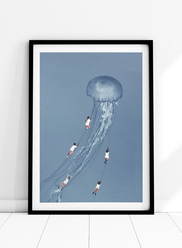 We Came Home Smiling by Maarten Léon is a minimalist collage art print exploring connection, memory, and shared moments. Premium fine art print with real wood framing.