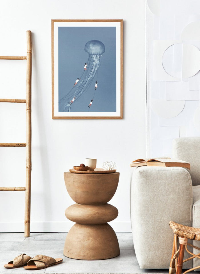 We Came Home Smiling by Maarten Léon is a minimalist collage art print exploring connection, memory, and shared moments. Premium fine art print with real wood framing.