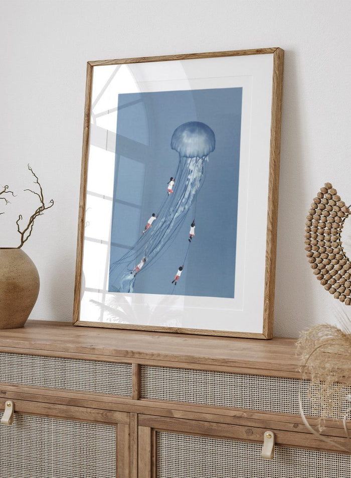 We Came Home Smiling by Maarten Léon is a minimalist collage art print exploring connection, memory, and shared moments. Premium fine art print with real wood framing.