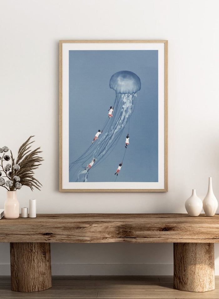 We Came Home Smiling by Maarten Léon is a minimalist collage art print exploring connection, memory, and shared moments. Premium fine art print with real wood framing.