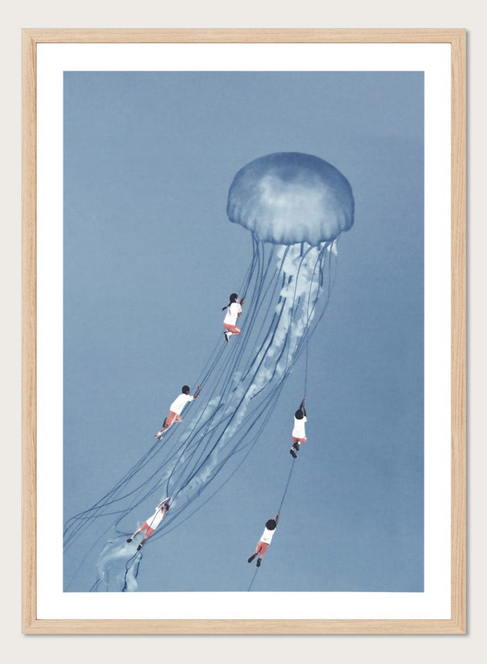 We Came Home Smiling by Maarten Léon is a minimalist collage art print exploring connection, memory, and shared moments. Premium fine art print with real wood framing.