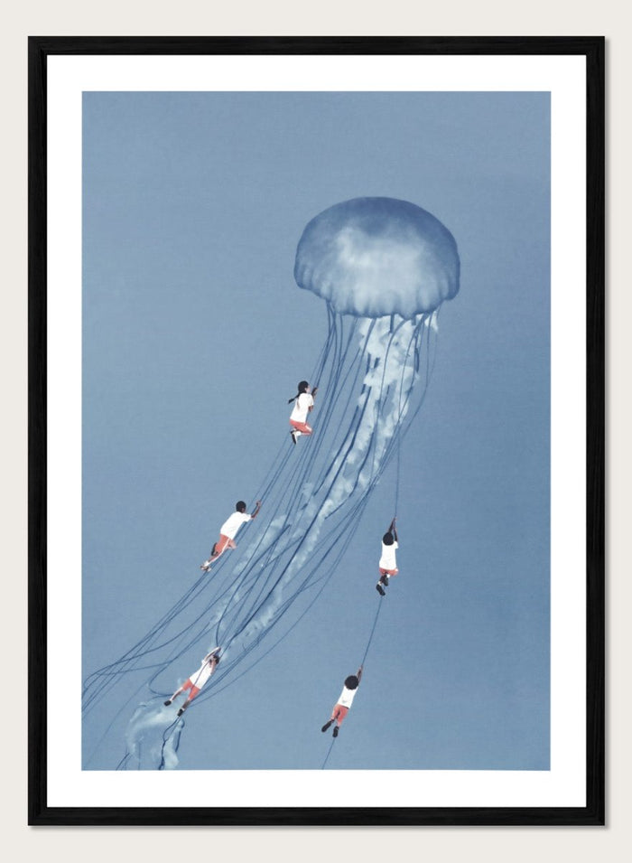 We Came Home Smiling by Maarten Léon is a minimalist collage art print exploring connection, memory, and shared moments. Premium fine art print with real wood framing.